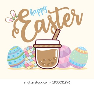 Ostern. Frohe Ostereier mit Boba-Tee. Bubble-Tee. Vektorgrafik.