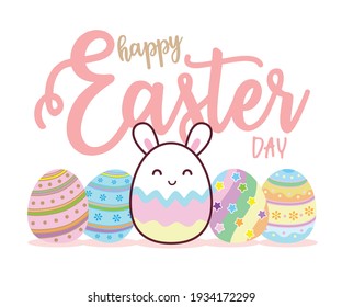 Easter. Happy Easter eggs and bunny. Vector Illustration.