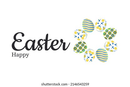 Easter. Happy Holidays. Stylish trendy horizontal postcard with cute painted eggs in blue and yellow colors in a modern design. Vector.