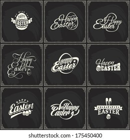 easter happy logo vector text typography vintage egg greeting letter set of vector label elements of easter holiday on blackboard background perfect as template for greeting card easter happy logo vec