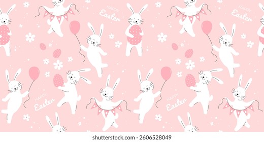 Easter Happy Rabbits Seamless Pattern, Easter Eggs and Flowers. Playful Bunny Rabbits. Holiday beautiful design for greeting card, poster, cover. Spring Vector illustration isolated 