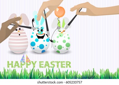 Easter happy three eggs funny with a balloon brush hands draw on a white background isolated vector for your design