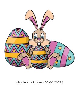 easter happy tradition spring celebration eggs with bunny rabbit cartoon vector illustration graphic design