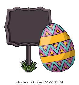 easter happy tradition spring celebration egg with wooden sign cartoon vector illustration graphic design
