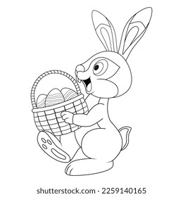 Easter Hare carrying basket full of decorated Eggs. Side view. Template of coloring book with colorless cartoon Rabbit for kids. Practice worksheet or Anti-stress page. Logic outline education game.