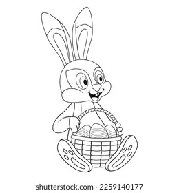 Liebre de Pascua. Página de coloreado con caricatura incolora Conejo y cesta llena de huevos. Plantilla de libro de colorear con Hare para niños. Hoja de trabajo de práctica o página Anti-estrés. Juego educativo de contorno lógico.