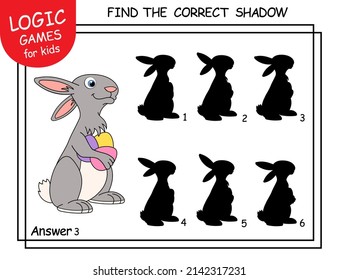 Easter Hare. Find the correct shadow of Rabbit with Eggs. Task with answer. Cute cartoon Bunny. Learning matching game. Logic Games for Kids. Education card with task or worksheet for children school.