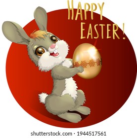 Easter hare holding an egg. Isolated clipart. Smiling rabbit vector illustration in cartoon style. Animal character for congratulation card with Happy Easter and poster. Sweet Bunny waiting for Easter