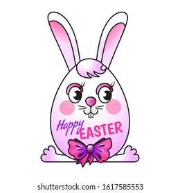 Easter hare, shaped like an egg on a white background. Cute, pink and long-eared. Cartoon style. Vector isolated. For the design of postcards, stickers and prints for the Easter holiday.