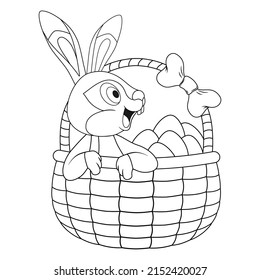 Cueva de Pascua sentada en una canasta con huevos de Pascua. Plantilla de libro de coloreo con caricatura incolora Conejo. Practica la hoja de cálculo o la página Anti-estrés para los niños. Juego educativo de contorno lógico. Vacaciones de primavera.