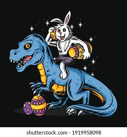 Easter Hare Sitting On Top Of The Trex Dinosaur Carrying Easter Eggs