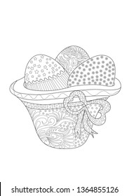 Easter Hat with Eggs and Bow in Coloring Page for Adults and Kids