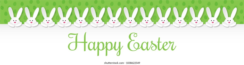 Easter header with cute white bunnies and greetings. Vector.