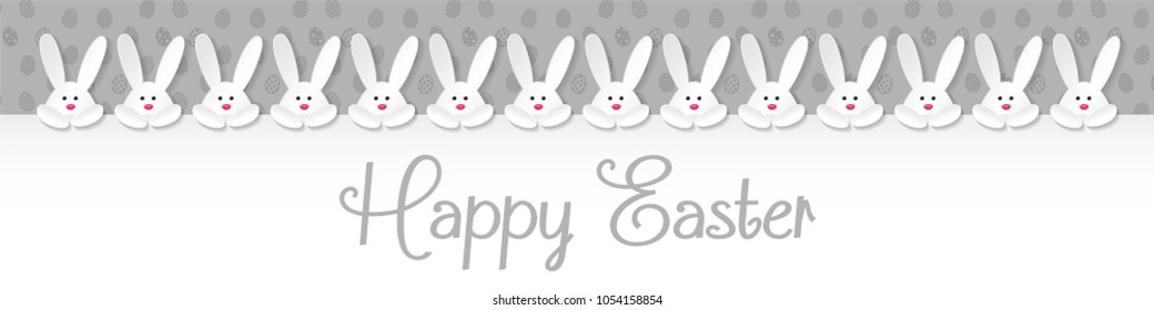 Easter header with cute white bunnies and greetings. Vector.