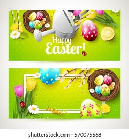 Easter headers with flowers, Easter eggs and watering can on green background