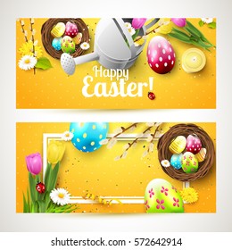 Easter headers with flowers, Easter eggs and watering can on orange background