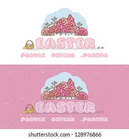 Easter headline with doodle elements ("Easter" in English, German, French and Spanish)