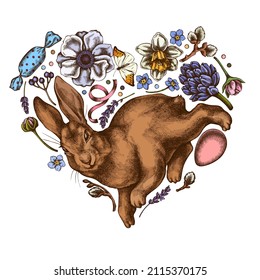 Easter heart vintage design. Hand drawn rabbit, eggs, willow branches, candies, great orange-tip, anemone, lavender, hyacinth, forget me not flower, daffodils, ribbons.