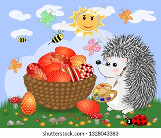 Easter hedgehog with a brush and a palette paints huge Easter egg on a glade, the sun, butterflies, spring. Copy space