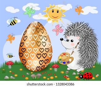 Easter hedgehog with a brush and a palette paints huge Easter egg on a glade, the sun, butterflies, spring. Copy space