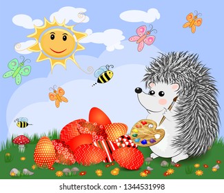 Easter hedgehog with a brush and a palette paints huge Easter egg on a glade, the sun, butterflies, spring. Copy space