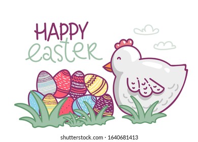 Easter hen and eggs. flat vector illustration isolate on white background. Cute creative card template with chicken. Hand Drawn. for Easter, egg hunt, party invitations, scrapbooking in bright colors