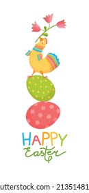 Easter hen with flower and egg. Vector illustration