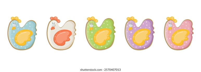 Easter hen similar to gingerbread of different colors and types. Gifts for happy easter in flat style. Icons in the form of festive birds. Set of vector isolated drawings on a white background.