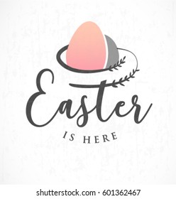 Easter is Here Greeting Card with Leaves and Rose Gold Egg in Vintage Style