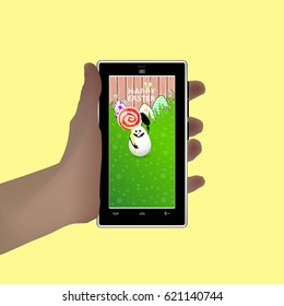 Easter. Hold in your hand a smart phone. Illustration for your design. Eared rabbit-egg with two teeth to hold caramel round spiral