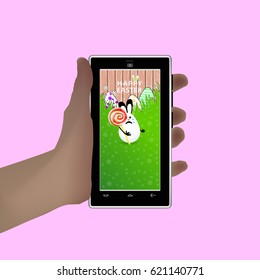 Easter. Hold in your hand a smart phone. Illustration for your design. Eared rabbit egg hold in hands caramel round spiral red-white
