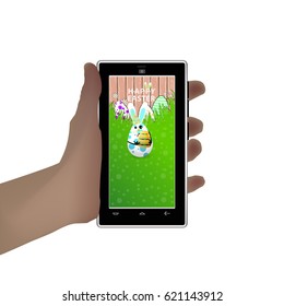 Easter. Hold in your hand a smart phone. Illustration for your design. Eared rabbit-egg with a large three-layered loaf in hand on a white background