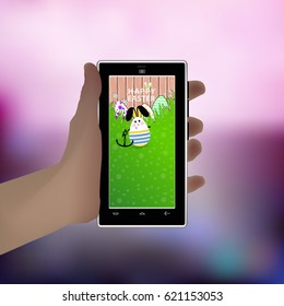 Easter. Hold in your hand a smart phone. Illustration for your design. Eared rabbit-egg white sailor with an anchor in his hands
