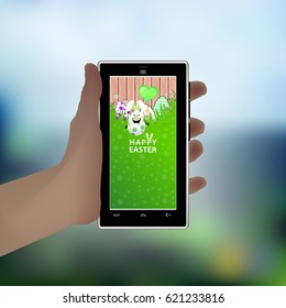 Easter. Hold in your hand a smart phone. Illustration for your design. Eared rabbit-egg with a greenish balloon in the shape of a heart
