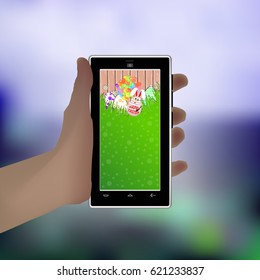 Easter. Hold in your hand a smart phone. Illustration for your design. Long-eared rabbit-egg white with a group of balloons