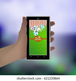 Easter. Hold in your hand a smart phone. Illustration for your design. Eared rabbit-egg with a balloon