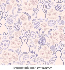 Easter holday seamless pattern. Spring gentle background with easter eggs and bunny. Happy Easter tile wallpaper