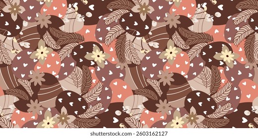 Easter holidat festive seamless background with eggs and feathers