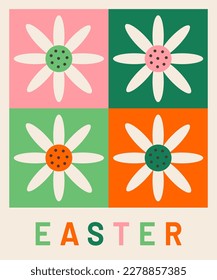 Easter holiday abstract geometric flowers card design with text. Flat minimalist vector illustration.