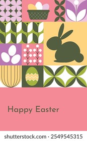 Easter holiday abstract geometric pattern with rabbits, Easter bunnies, and eggs. Perfect for wallpaper, banners, web design, or festive prints.