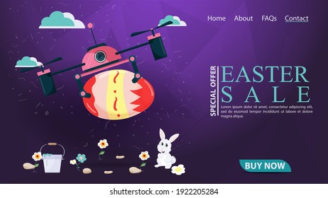 Easter holiday advertising banner sale for website design web page, Flying drone holding a painted egg, flat illustration