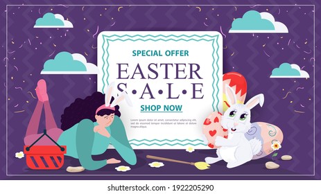 Easter holiday advertising banner sale for design decoration, Lying girl and rabbit with painted egg between text with information, flat illustration