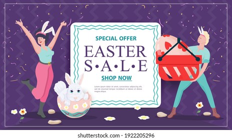 Easter holiday advertising banner sale for design decoration, A girl and a guy with a basket and a painted egg stand between the text with information, flat illustration