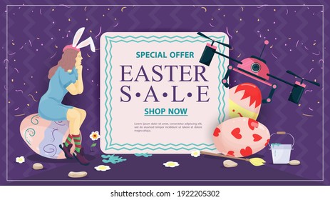 Easter holiday advertising banner sale, for design decoration, Girl sitting on a painted egg and drone between text with information, flat illustration
