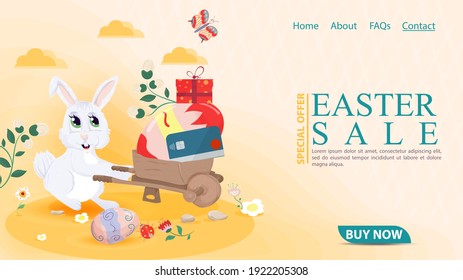 Easter holiday advertising banner, sale, for website design web pages, rabbit rolls a wheelbarrow with an egg and a plastic card, flat illustration