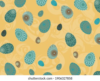 Easter holiday attributes on the yellow background with patterns.