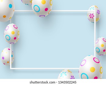 Easter holiday background with 3d Easter painted eggs and frame. Top view with copy space. Vector illustration.