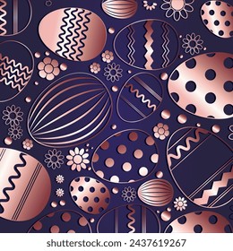 Easter holiday background. banner with lace eggs in rose gold color on a dark blue background. Vector illustration	