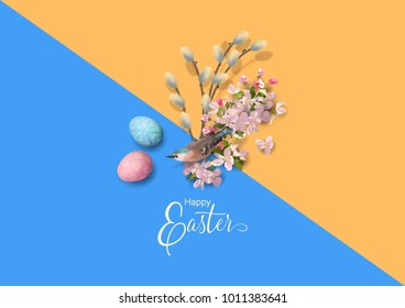 Easter holiday background with a bird, eggs, pussy willow branches, Apple blossoms. Vector top view illustration