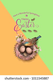 Easter holiday background with a bird in the nest, eggs, Apple blossoms, feathers. Vector top view illustration